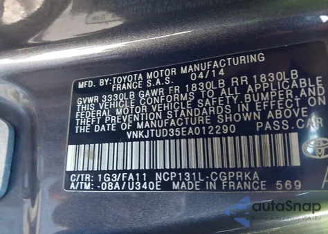 2014 Toyota Yaris L (Tmmf Plant) z USA, uszkodzony, nr VIN VNKJTUD35EA012290